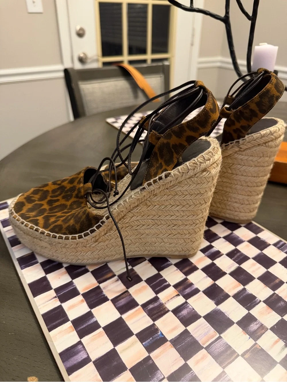 Saint Laurent Leopard Print Espadrilles with Black Leather Ankle Ties